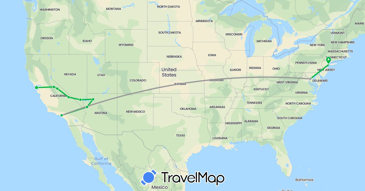 TravelMap itinerary: bus, plane in United States (North America)
